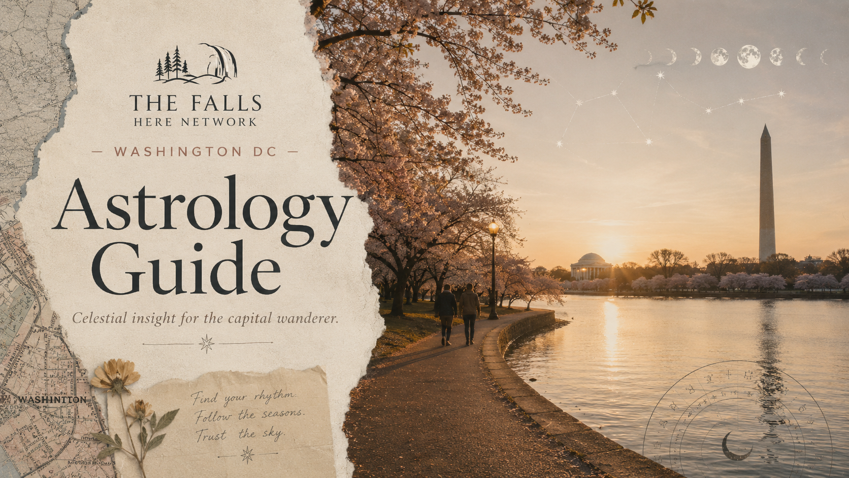 Washington DC Falls Here astrology guide featured image with the National Mall, sunset, and celestial details.